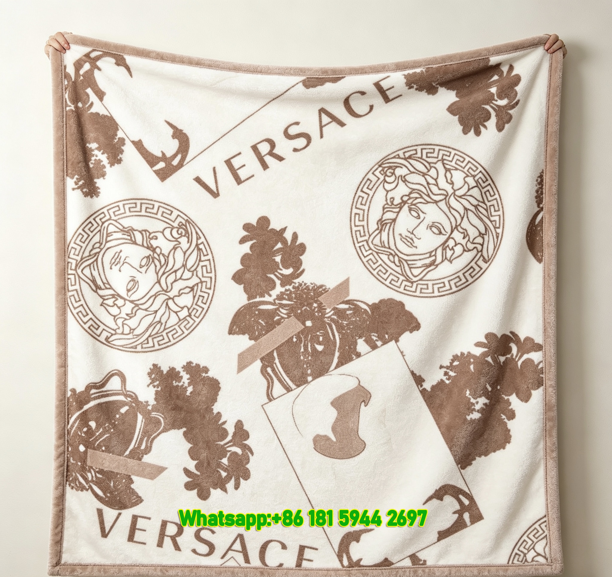 Versace Light Brown White Medusa Print Flannel Sofa Throw Blanket IMG_1351